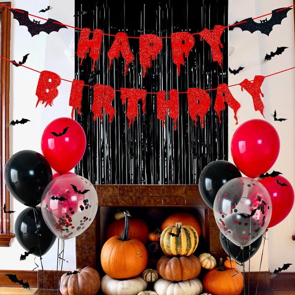 Red Glitter Birthday Banner with 3D Bats for Halloween Party Decor Backdrop
