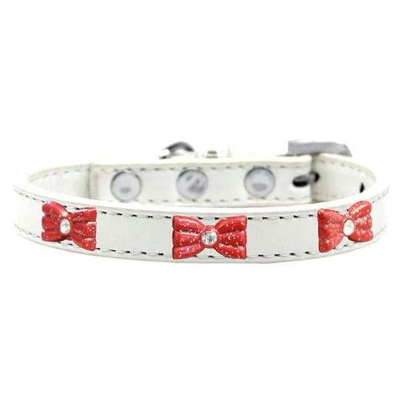 Red Glitter Bow Widget Dog Collar, White - Size 20