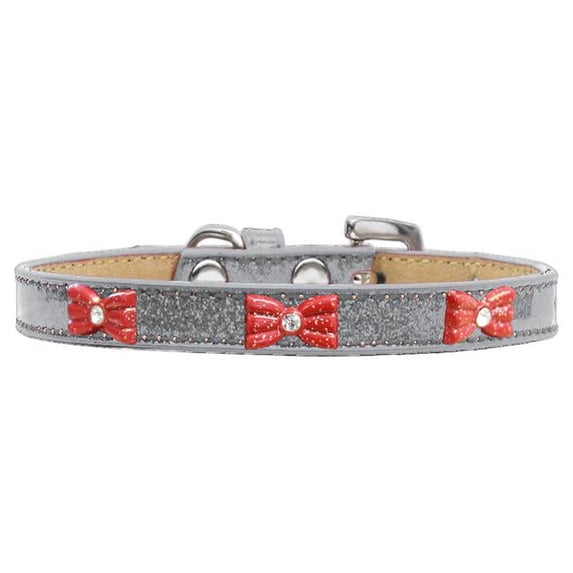 Red Glitter Bow Widget Dog Collar, Silver Ice Cream - Size 10