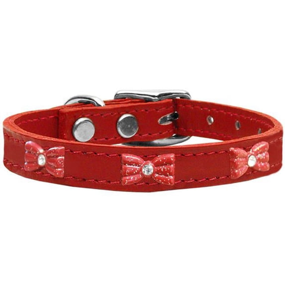 Red Glitter Bow Widget Genuine Leather Dog Collar, Red - Size 12