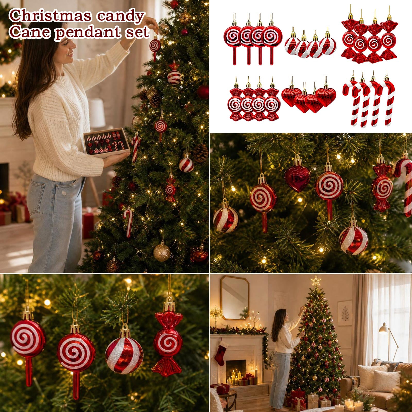 Red Glitter Candy Cane Christmas Ornaments, Christmas Candy Ornaments