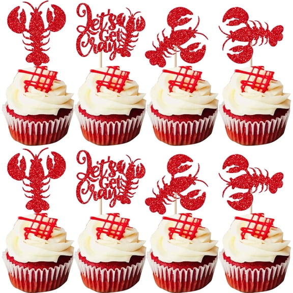 Red Glitter Crawfish Cupcake Toppers, Let's Get Cray Lobster Picks, Sea Animal Theme Party Decorations, 12 Pack