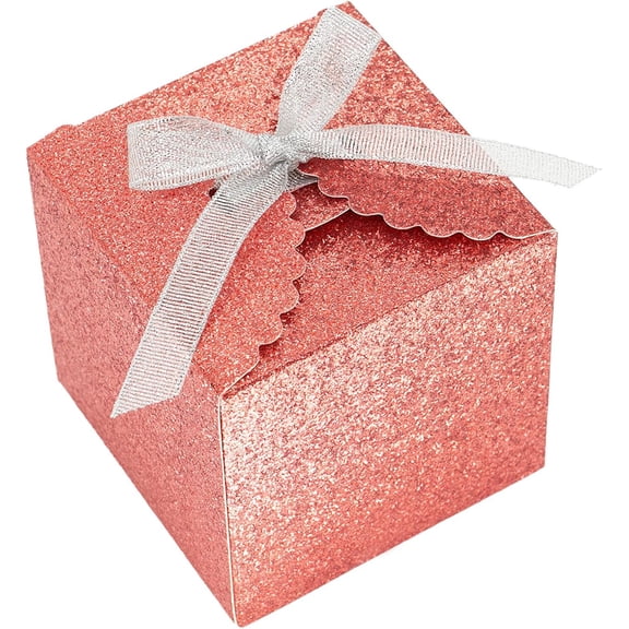Red Glitter Gift Boxes 4x4x4 Inch, Small Cube Favor Boxes with Silver Ribbon, Sparkly Paper Gift Box for Wedding, Party Favors, Christmas, Candy & Treat Packaging