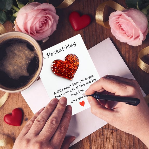 Red Glitter Heart Pocket Card - Mini Inspirational Greeting Card with Envelope, Motivational Gift for Friends, Birthday, Encouragement