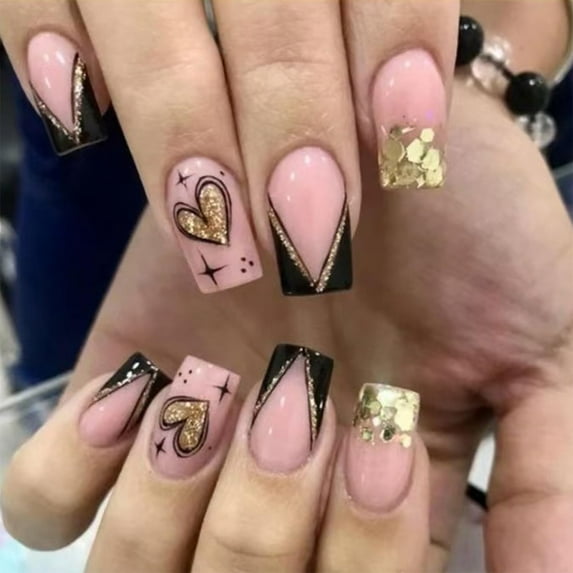 Red Glitter Heart Press on Nails Romantic Fake Nails Medium Square Acrylic Glue on Nails Glossy Stick on Nails for Women DIY Manicure Multicolor Valentines Design 1278