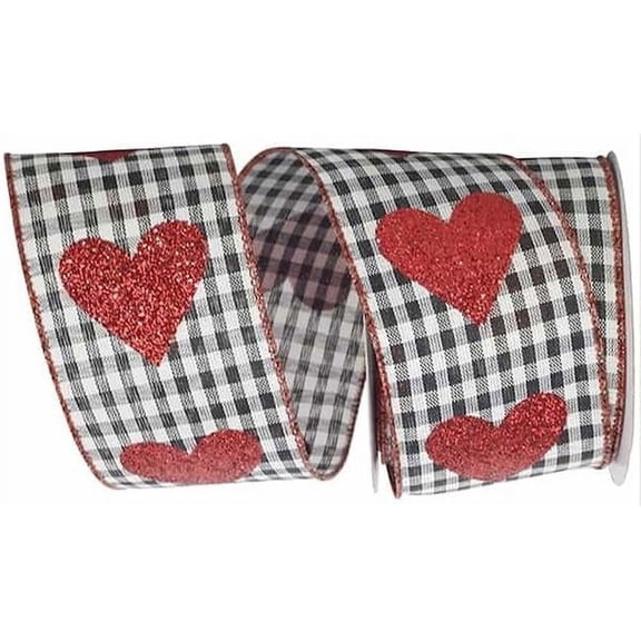 Red Glitter Heart on Black & White Checked Gingham Wired Ribbon