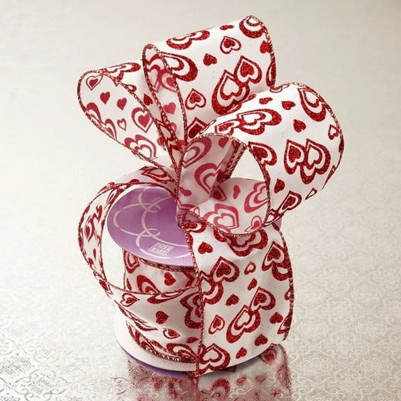 Red Glitter Hearts On White Satin Ribbon - 1 1/2 Inches Wide x 10 Yards (563011502)