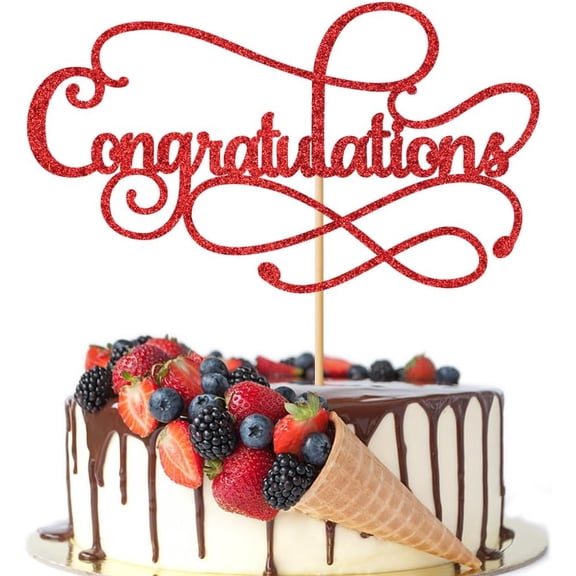 Red Glitter Infinity Design Congratulations Cake Topper, Cursive Congrats Cake Decor for Birthday Grad Party 1 Pack