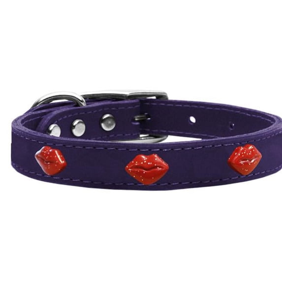 Red Glitter Lips Widget Genuine Leather Dog Collar, Purple - Size 16