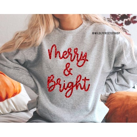 Red Glitter Merry And Bright Sweatshirt - Gray 3Xlarge, Sweatshirt Size S-5Xl