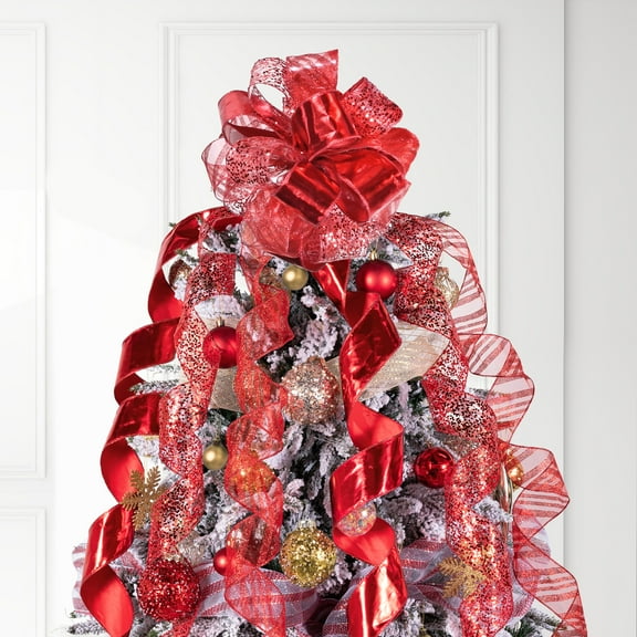 LoomJoyz 11 Inch Red Glitter Christmas Tree Topper Bow - 3 Yards Ribbon Streamer Tails Holiday Decor