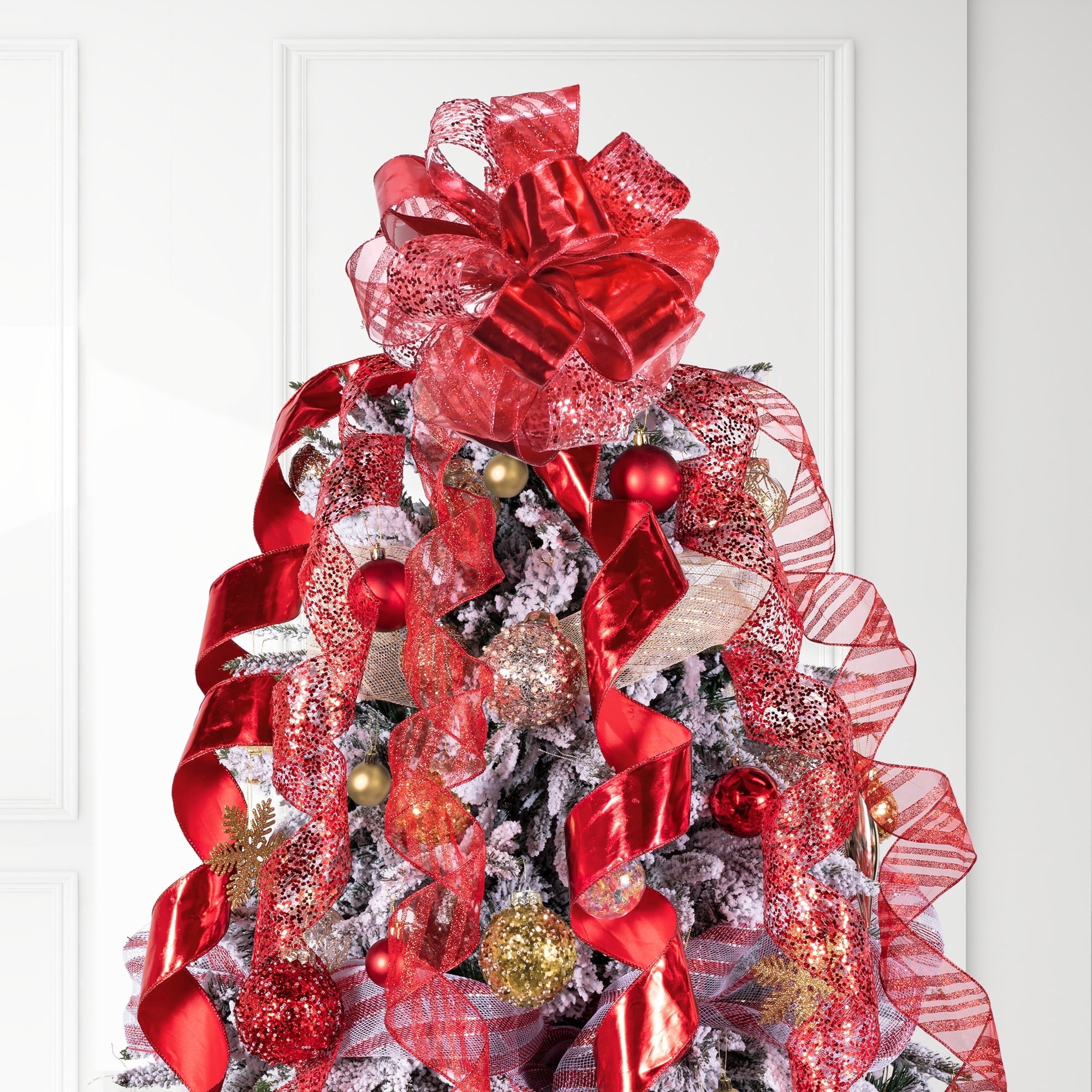 LoomJoyz 11 Inch Red Glitter Christmas Tree Topper Bow - 3 Yards Ribbon Streamer Tails Holiday Decor