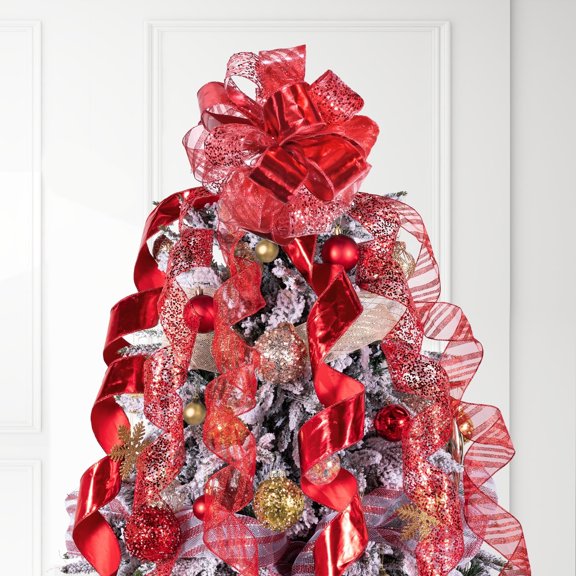 LoomJoyz 11 Inch Red Glitter Christmas Tree Topper Bow - 3 Yards Ribbon Streamer Tails Holiday Decor