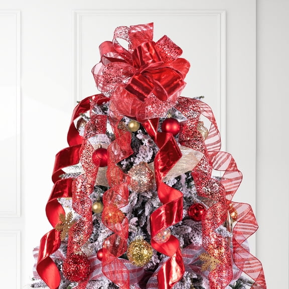 LoomJoyz 11 Inch Red Glitter Christmas Tree Topper Bow - 3 Yards Ribbon Streamer Tails Holiday Decor