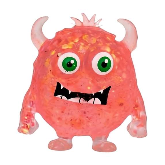 Red Glitter Monster Squishy Stress Toy with Stretchy Material, 1-Pack, Red with Green Eyes and White Horns, for Kids and Adults, Squeeze Toy