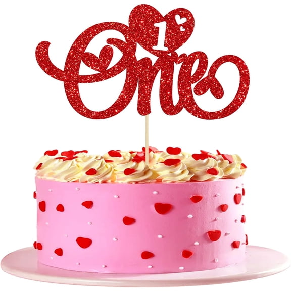 Red Glitter One Heart 1st Birthday Cake Topper, Single Piece Heart Number 1 Cursive Design Premium Baby Girl 1st Birthday Party Cake Decorations Supplies