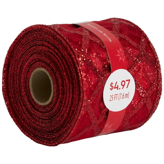 Red Glitter Plaid Christmas Ribbon, 3.25" x 25', by Holiday Time