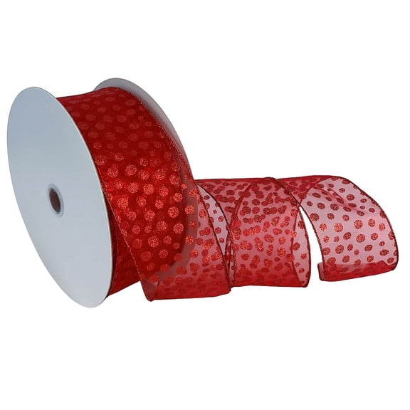 Red Glitter Polka Dots Ribbon- 2 1/2" x 50 Yards, 4th of July, America 250, Summer, Valentine's Day, Wired Edge Sheer Ribbon, Wedding, Reception, Presents, Gift Basket, Gift Bow, Wreath, Veterans Day