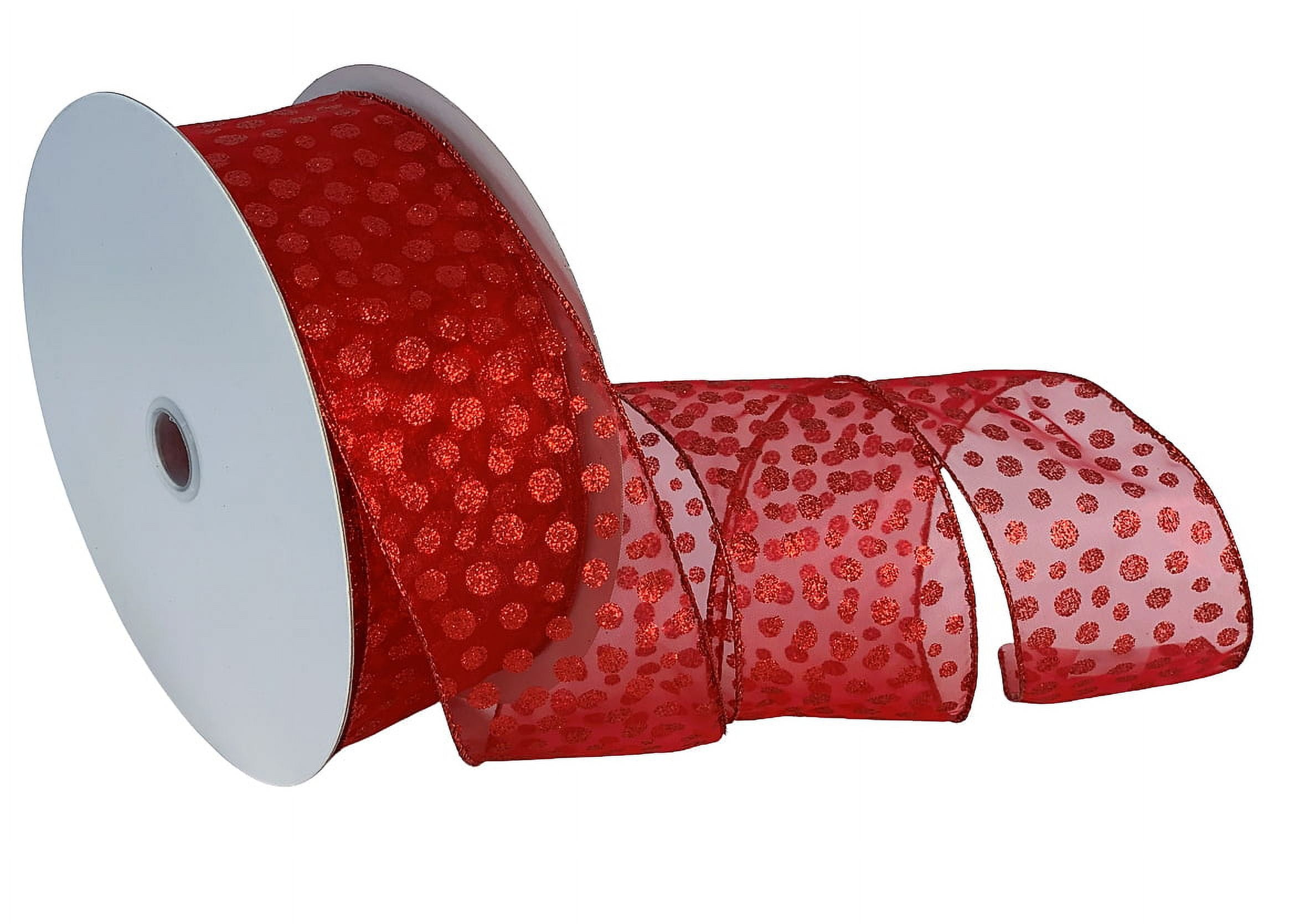 GIFTWRAP ETC. Red Glitter Polka Dots Ribbon- 2 1/2" x 50 Yards, Wired Edge Sheer Ribbon, Easter, Wreath, Wedding, Reception, Presents, Gift Basket, Christmas, Valentine's Day