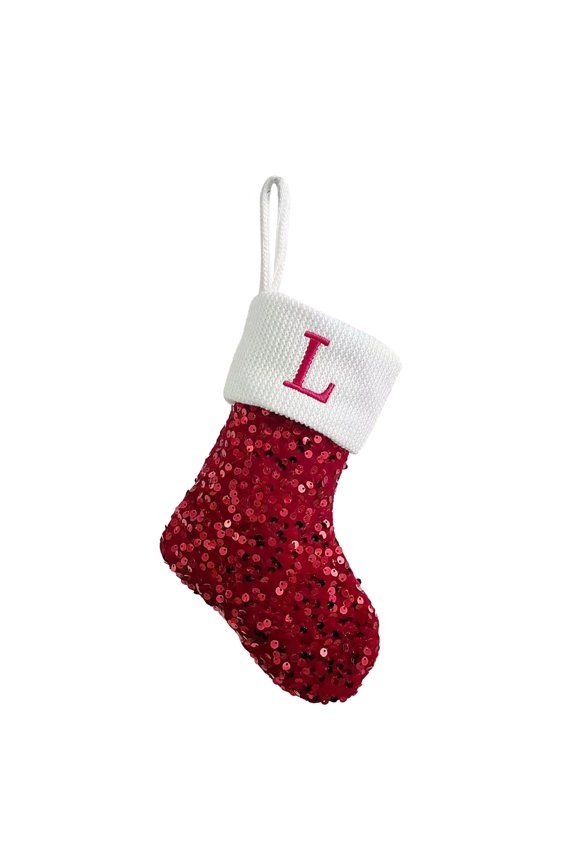Red Glitter Sequins Monogram Christmas Stockings with Initials Personalized Embroidered Letter Hanging Decorations for Fireplace Xmas Tree Home Decor Family Xmas Sequin Stocking for Holiday Party