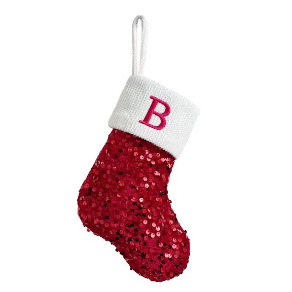 Red Glitter Sequins Monogram Christmas Stockings with Initials Personalized Embroidered Letter Hanging Decorations for Fireplace Xmas Tree Home Decor Family Xmas Sequin Stocking for Holiday Party