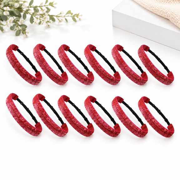 Red Glitter Sports Headbands 12 Pack Adjustable Elastic Non-Slip Hair Bands