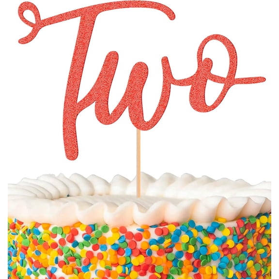 Red Glitter Two Birthday Cake Topper, Flowing Cursive Cake Pick for Baby Second Birthday Celebration Cake Decor,1 Count