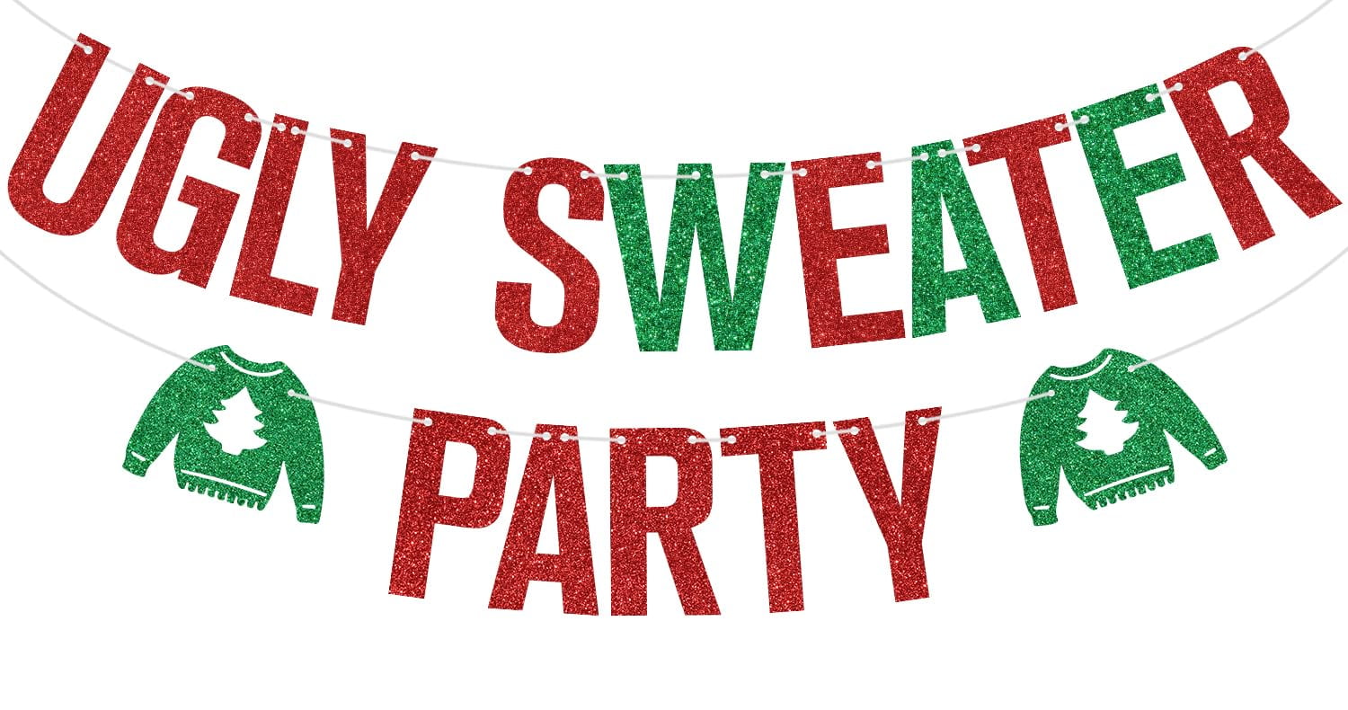 Red Glitter Ugly Sweater Party Banner, It's About To Get Ugly/Merry ...