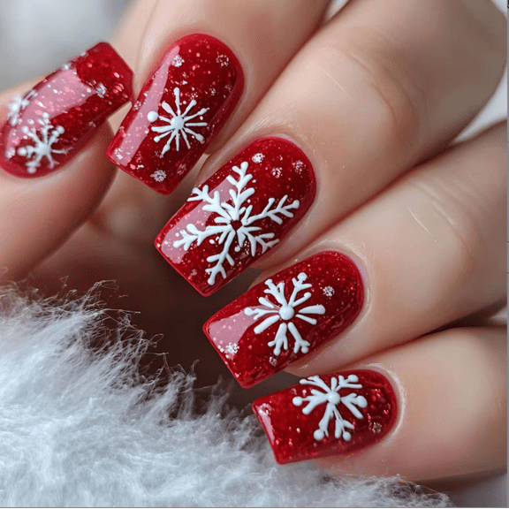 Red Glitter White Snowflake Square Press On Nails 24Pcs Christmas Fake Nail Tips, Buy 2 Get 1 Free, Reusable Holiday Manicure Kit with Jelly Tabs & Nail File