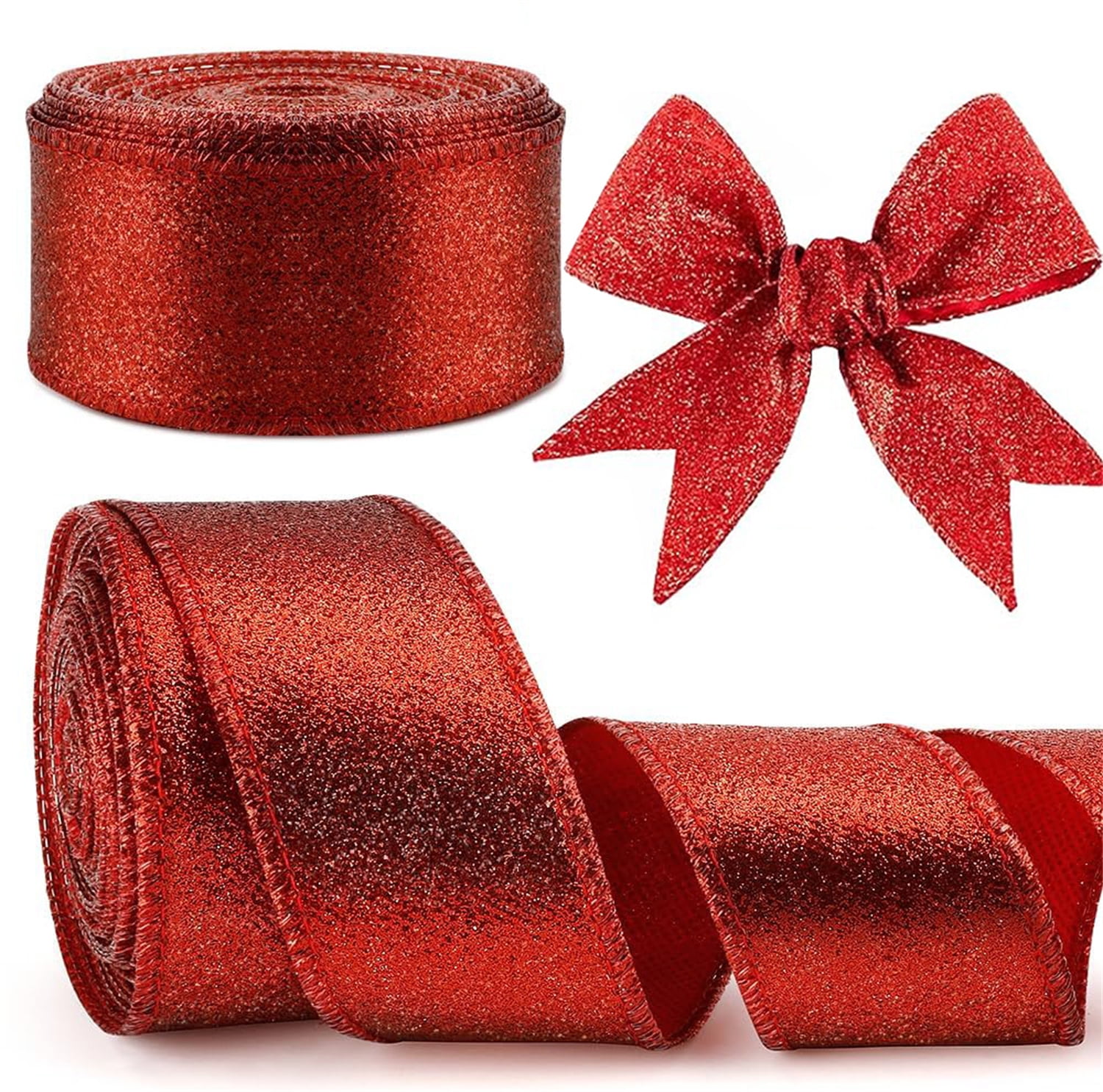Red Glitter Wired Ribbon,Bexikou 2 Rolls Christmas Ribbon for Wreath, ChritmasTree Decoration, Gift Wrapping,Crafts, Wreaths, Bows, Garlands,2.55 Inch x 20 Yards