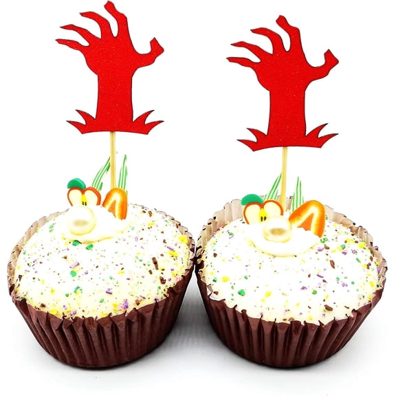 Red Glitter Zombie Arm Cupcake Toppers Halloween Cupcake Toppers Zombie Hand Food Picks 12pcs