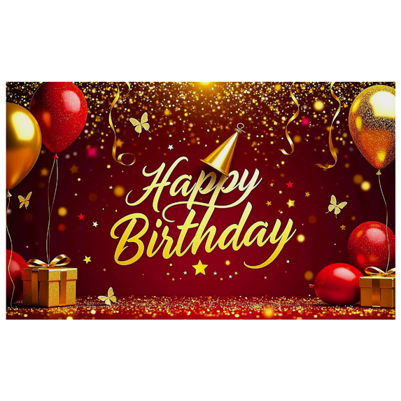 Red Glittery Background Happy Birthday Banner with Balloons Gifts Butterflies Party Supplies Birthday Party Decorations Photography Props