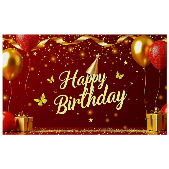 Red Glittery Background Happy Birthday Banner with Balloons Gifts Butterflies Party Supplies Birthday Party Decorations Photography Props