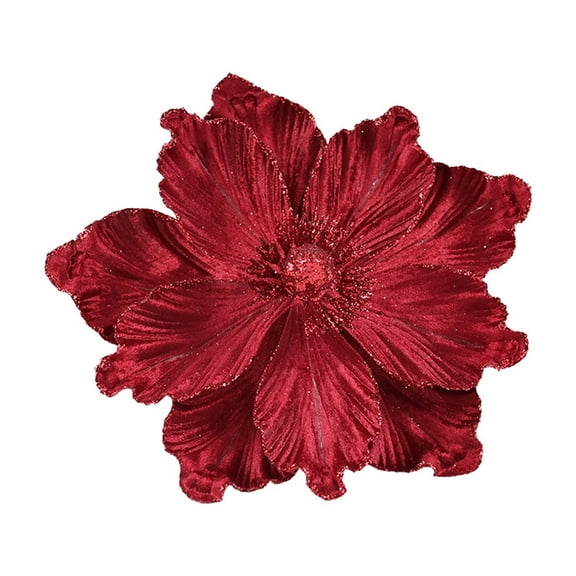 Red Glittery Magnolia Bloom Handmade For Christmas Decoration On Tree Wreath Or As Table Centerpiece
