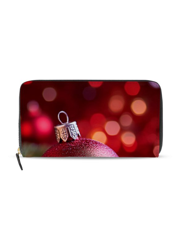 Red Globe Lamp Christmas Pine Needles Women's Long Zipper Wallet Bifold Clutch Purse PU Leather Card Cases