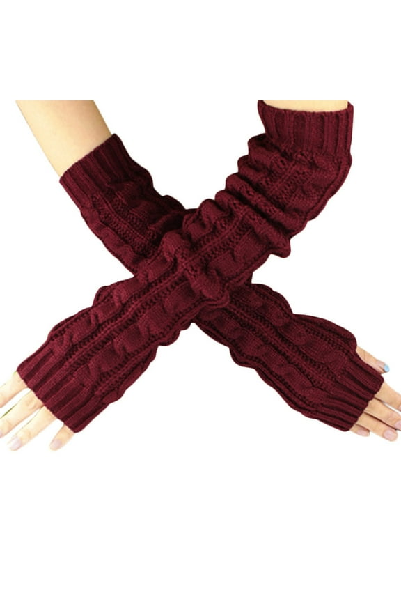 Red Gloves Mittens Hemp Flowers Fingerless Knitted Long Gloves Red