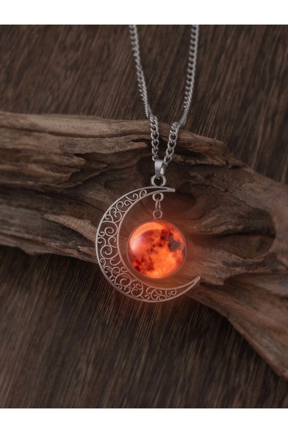 Red Glow Moon Pendant Necklace With Filigree Crescent Frame