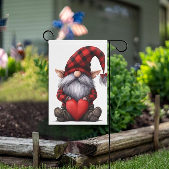 Red Gnome Heart Garden Flag Double Sided Outdoor Banners for Courtyard Outdoor Lawn Farmhouse Holiday Decorations
