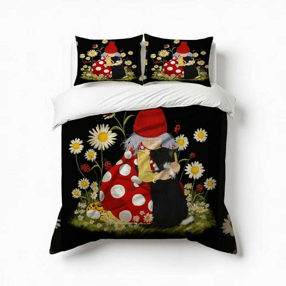Red Gnome Hippie Flowers Ladybugs Bedding Set 3 Pcs Soft Microfiber Quilt Cover For Bedroom Decor, Comforter Cover With 2 Pillowcase