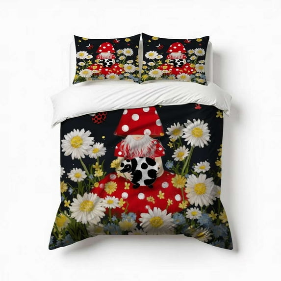 Red Gnome Hippie Flowers Ladybugs Bedding Set 3 Pcs Soft Microfiber Quilt Cover For Bedroom Decor, Comforter Cover With 2 Pillowcase