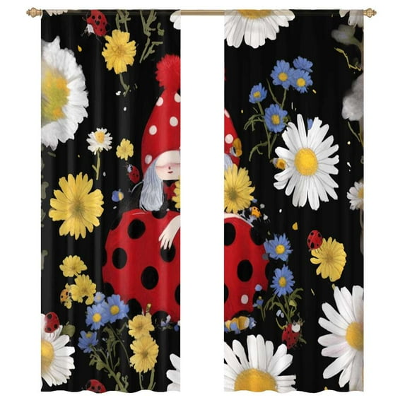 Red Gnome Hippie Flowers Ladybugs Tulle Curtains For Living Room Chiffon Sheer Voile Kitchen Bedroom Curtain Drapes