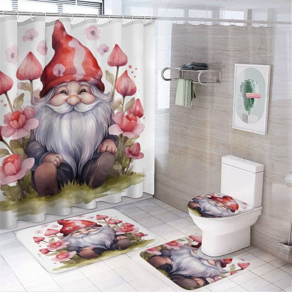 Red Gnome With Pink Flowers And Hearts 4Pcs Shower Curtain Set with Rugs Bathroom Sets with Curtain Rug Toilet Cover And U Shaped Mat Anniversary Wedding Waterproof Shower Curtain for Bathroom Decor