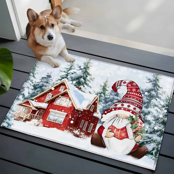 Red Gnomes Christmas Bathroom Mat 2x3 FT, Non Slip Small Kitchen Mat, Xmas Tree Snowflake Farmhouse Washable Soft Backed Front Door Throw Rug Non-Shedding Indoor Outdoor Doormat for Entryway Sink