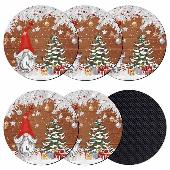 Red Gnomes Christmas Coasters Set of 6, Absorbent Coasters for Drinks, Snowflake Xmas Tree Gifts Winter Wooden Coaster for Desk Coffee Table Protection, Home Decor House Warming Gifts 4"