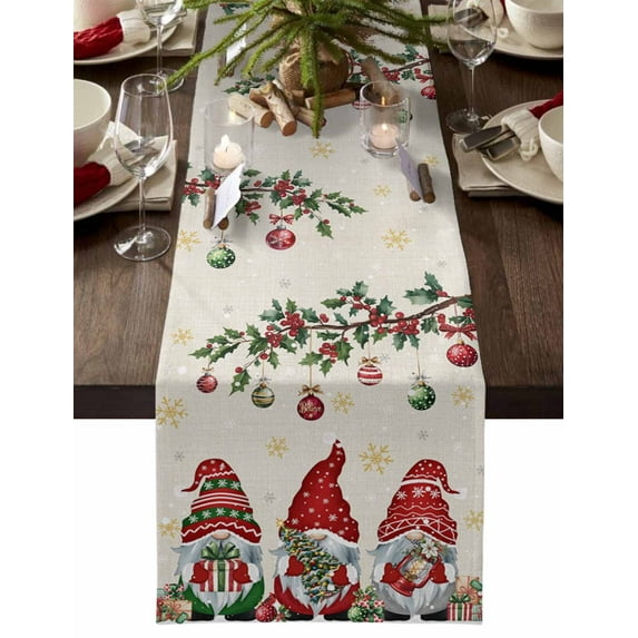 Red Gnomes Christmas Dresser Scarf Farmhouse, Dining Table Decorations for Wedding/Parties, Xmas Ball Gifts Snowflake Rustic Table Runner 108 Inches Long for Kitchen Dining, 13 x 108 In