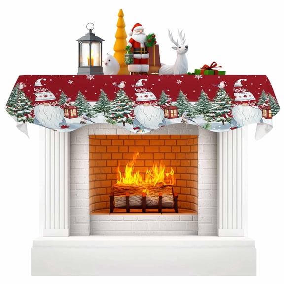 Red Gnomes Christmas Fireplace Mantel Scarf Table Runner, Xmas Tree Snowflake Winter Holiday Winter Garland Mantel Top Tablerunners Dresser Scarves Cover Decorations for Party Living Room 70"x17"