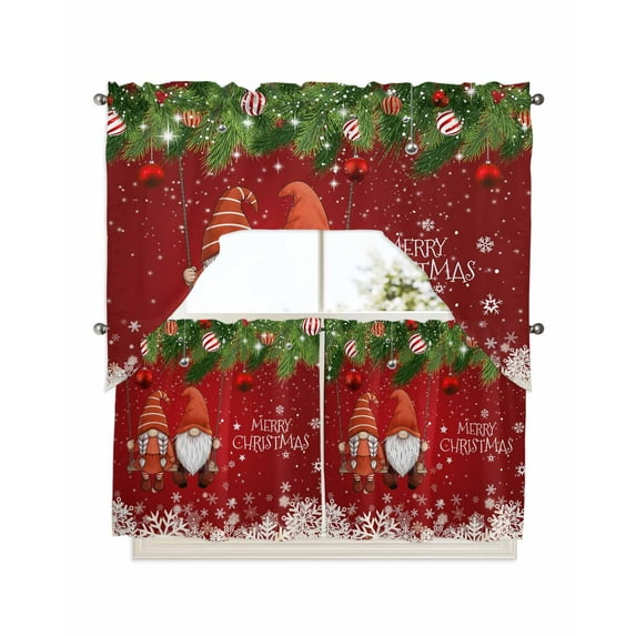Red Gnomes Christmas Kitchen Curtains Swag Valance and Tier Curtains Set 24 Inch Length, Xmas Balls Snowflake Rod Pocket Drape Panels Pair Swag Curtains for Bathroom/Cafe/Window
