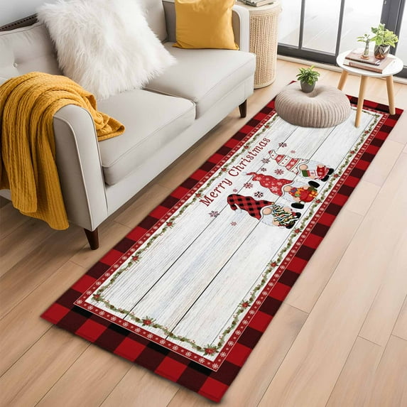 Red Gnomes Christmas Kitchen Runner Rug 2x6 Washable Runners for Hallway Non Slip Xmas Snowflake Red Black Plaid Large Area Rug Indoor Floor Carpet for Bathroom Laundry Entryway Bedroom Living Room