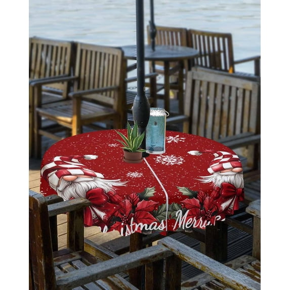 Red Gnomes Christmas Outdoor Tablecloth - 52x70 Inch Rectangle Dining Table Cover, Snowflake Xmas Poinsettia Waterproof Outdoor Table Cloth with Umbrella Hole & Zipper for Picnic/Patio
