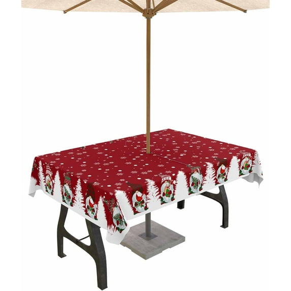 Red Gnomes Christmas Outdoor Tablecloth - 60x120 Inch Rectangle Dining Table Cover, Xmas Snowflake Tree Waterproof Outdoor Table Cloth with Umbrella Hole & Zipper for Picnic/Patio/Party